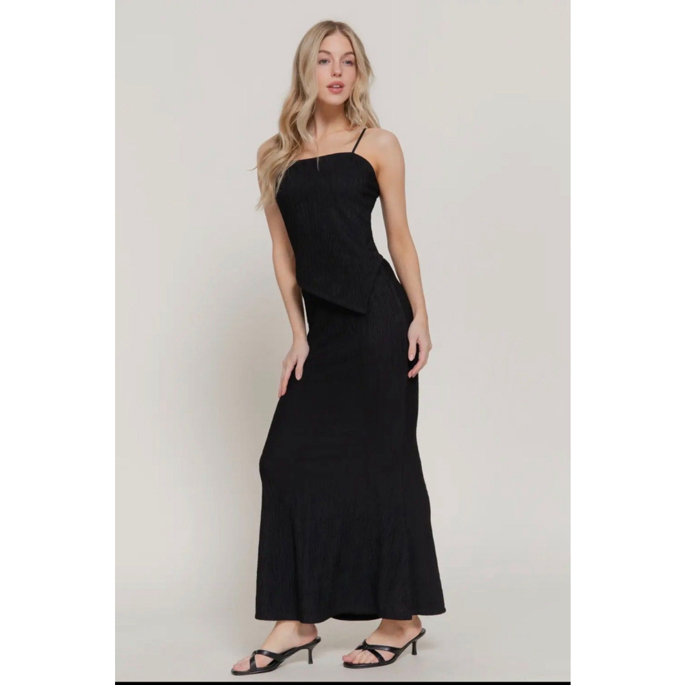 Black Stretch Crinkle Asymmetrical top & Maxi Skirt 2pc set NWT